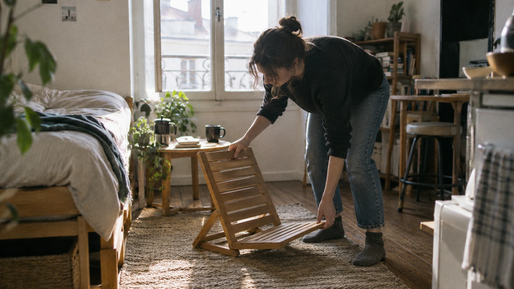 Chaise de sol pliable lattes : pratique pour les petits espaces