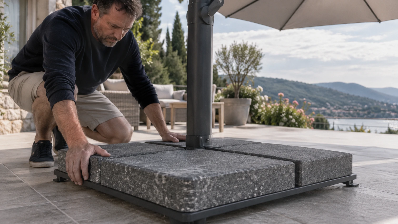 Quel poids de pied choisir pour un parasol déporté 4×3 ?
