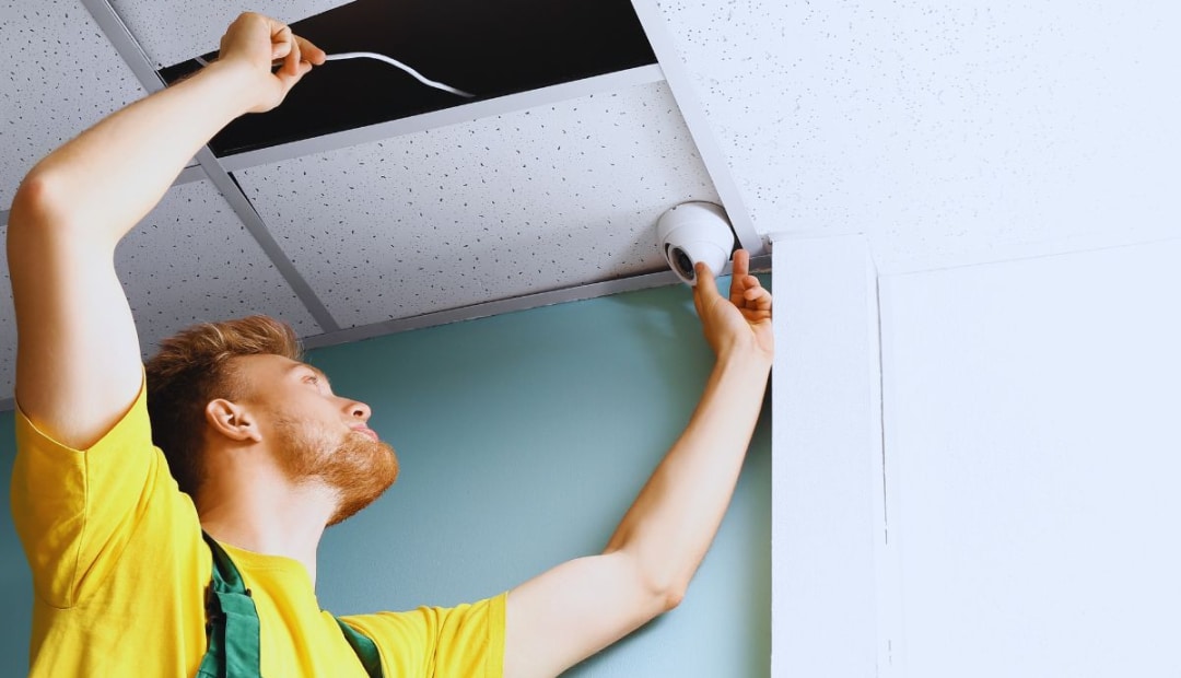 un-homme-branche-un-detecteur-de-mouvement-sur-un-mur-blanc