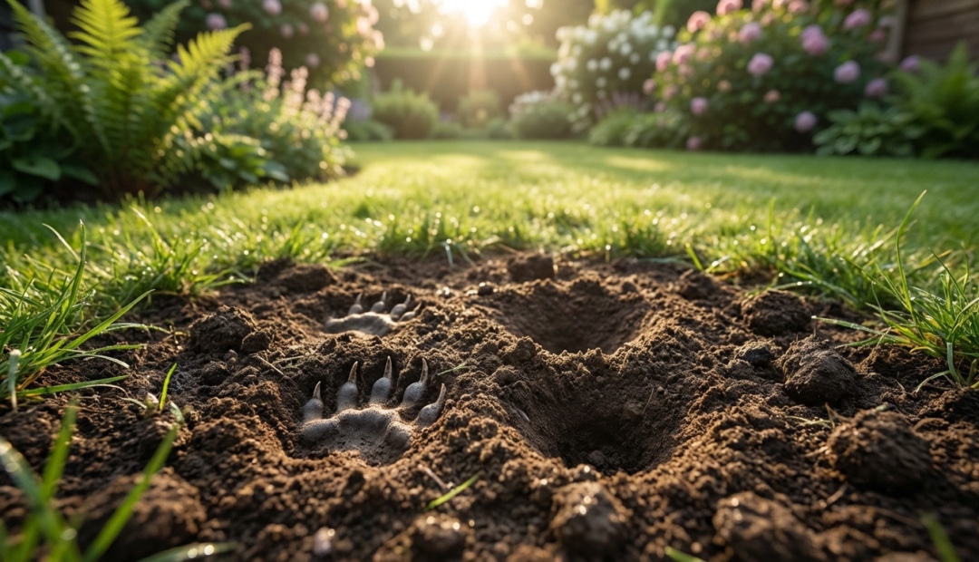 Close-up of badger paw prints and a foraging hole in damp garden soil, with a blurred green garden background and soft morning light.