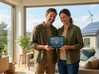 Smiling couple holds a smart home energy tablet in a modern living room. Solar panels and a wind turbine are visible outside.