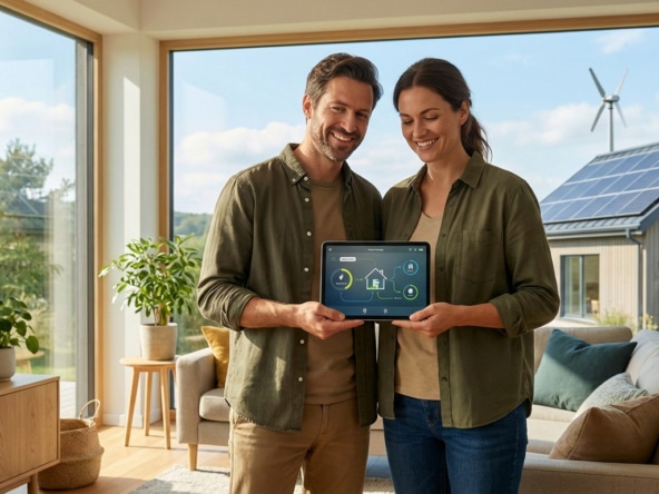 Smiling couple holds a smart home energy tablet in a modern living room. Solar panels and a wind turbine are visible outside.