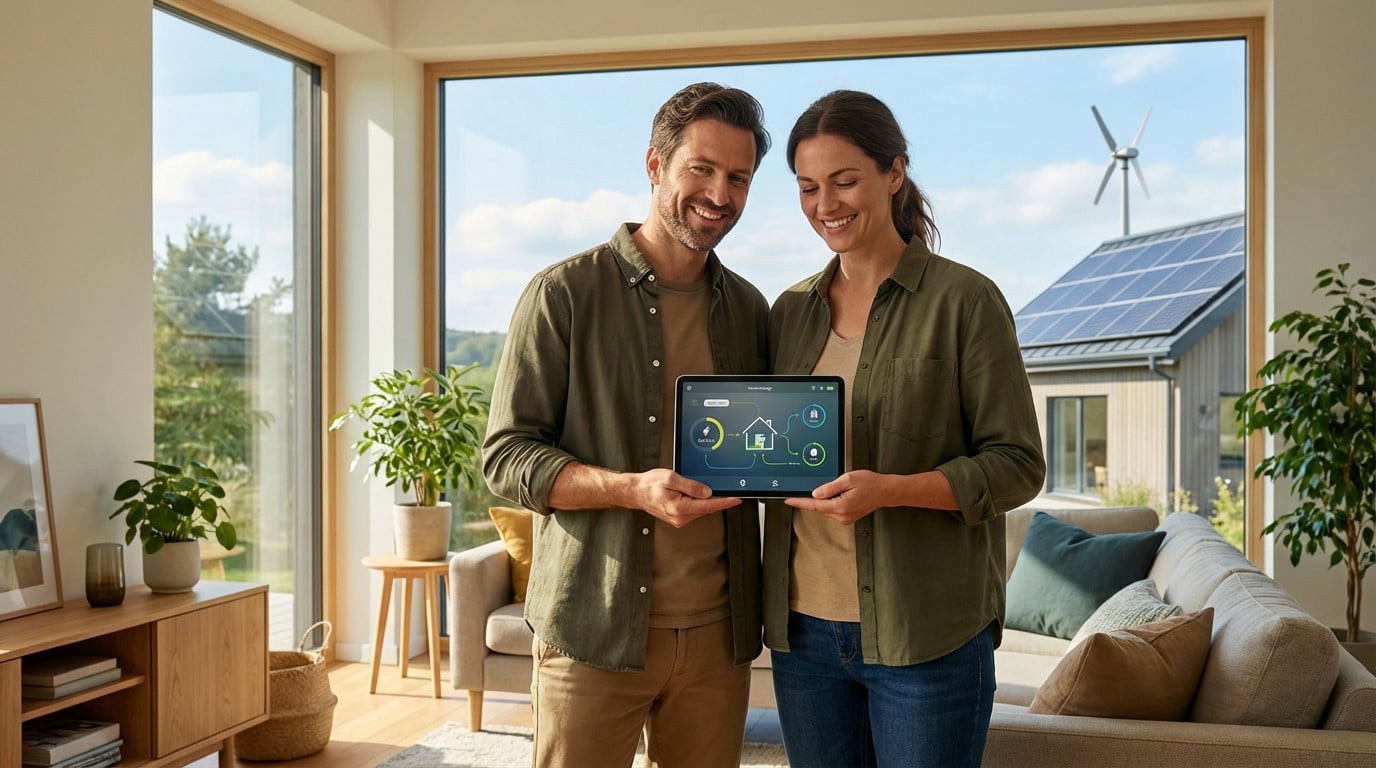 Smiling couple holds a smart home energy tablet in a modern living room. Solar panels and a wind turbine are visible outside.