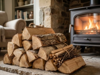 A stack of light wood logs and kindling beside a glowing wood stove in a cozy, rustic living room, emphasizing warmth.
