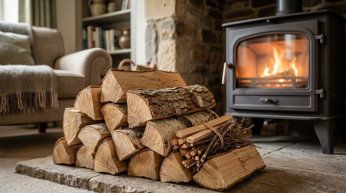 A stack of light wood logs and kindling beside a glowing wood stove in a cozy, rustic living room, emphasizing warmth.