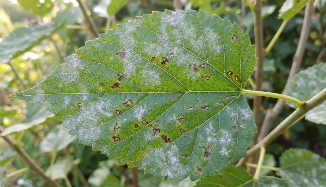 Close-up of a vibrant green mulberry leaf covered in white powdery mildew and dark fungal spots, against a blurred natural background.