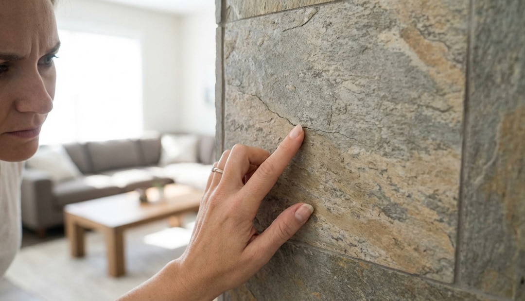Détail d'une main pointant une fissure sur un mur en placage de pierre grise et beige. Visage de femme préoccupé, fond de salon flou.