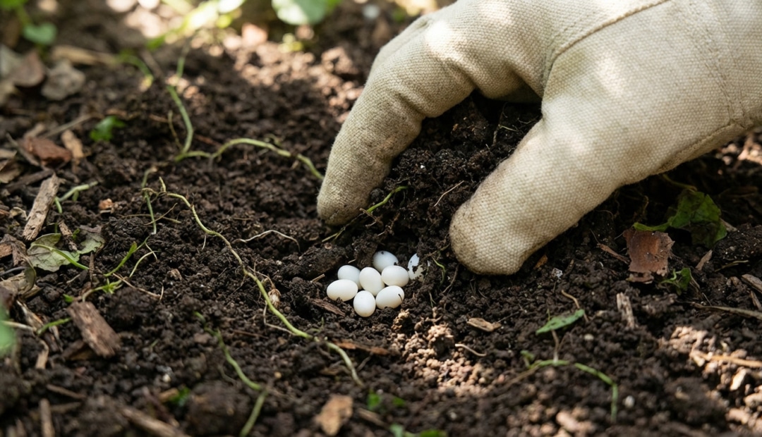 Close-up of a gloved hand sifting dark garden soil, revealing a cluster of perfectly white, oval eggs. Natural light highlights the scene.