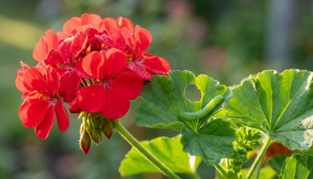 Photo-realistic close-up of a vibrant red geranium with dew-kissed leaves, one bearing a small green caterpillar and a fresh bite mark.