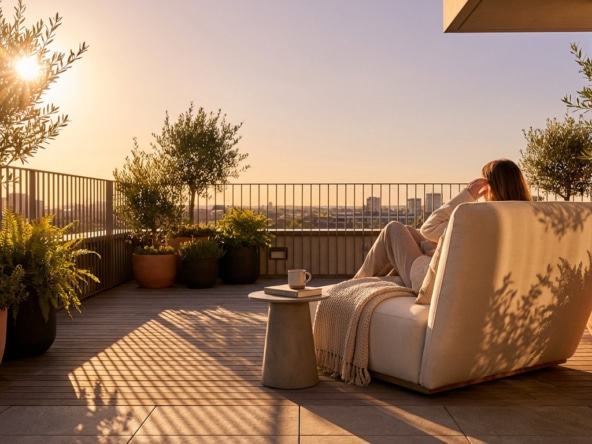 A person relaxes on a modern terrace armchair, bathed in warm golden sunlight, casting long shadows. Lush plants and city view.
