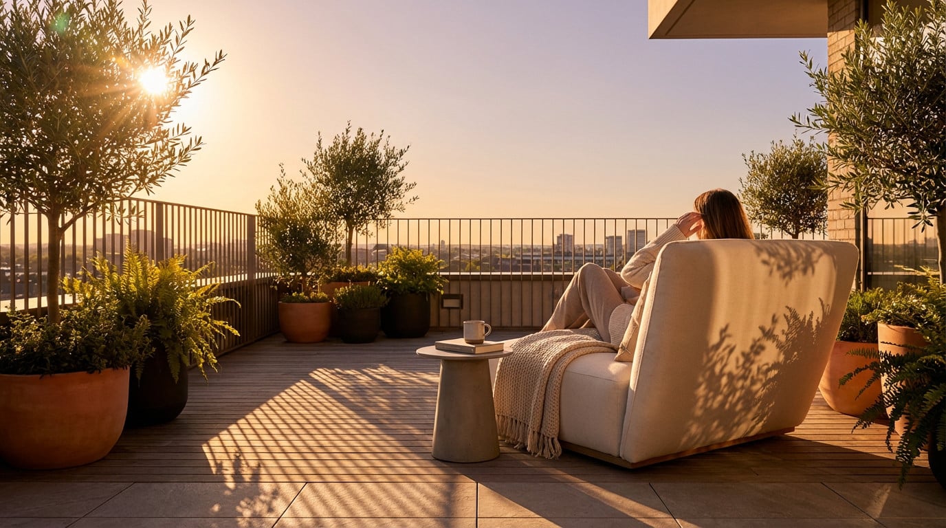 A person relaxes on a modern terrace armchair, bathed in warm golden sunlight, casting long shadows. Lush plants and city view.
