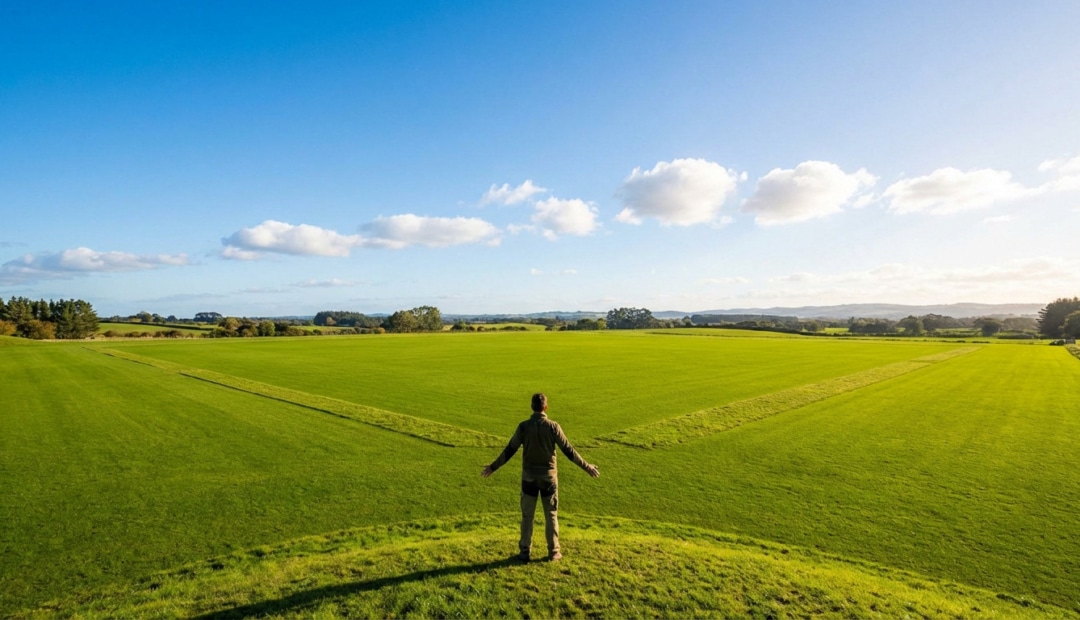 A person overlooks a vast, manicured green field, subtly demarcated as one hectare, under a bright blue sky with white clouds.