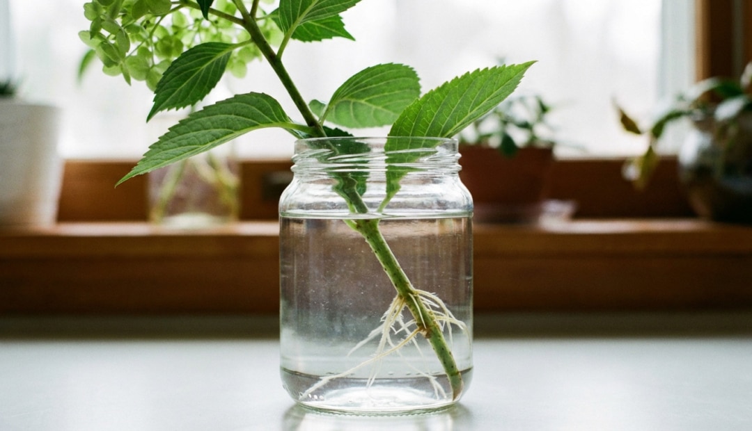 Vibrant green hydrangea cutting with new white roots visible in a clear glass jar of water, bathed in soft natural light. Blurred indoor background.