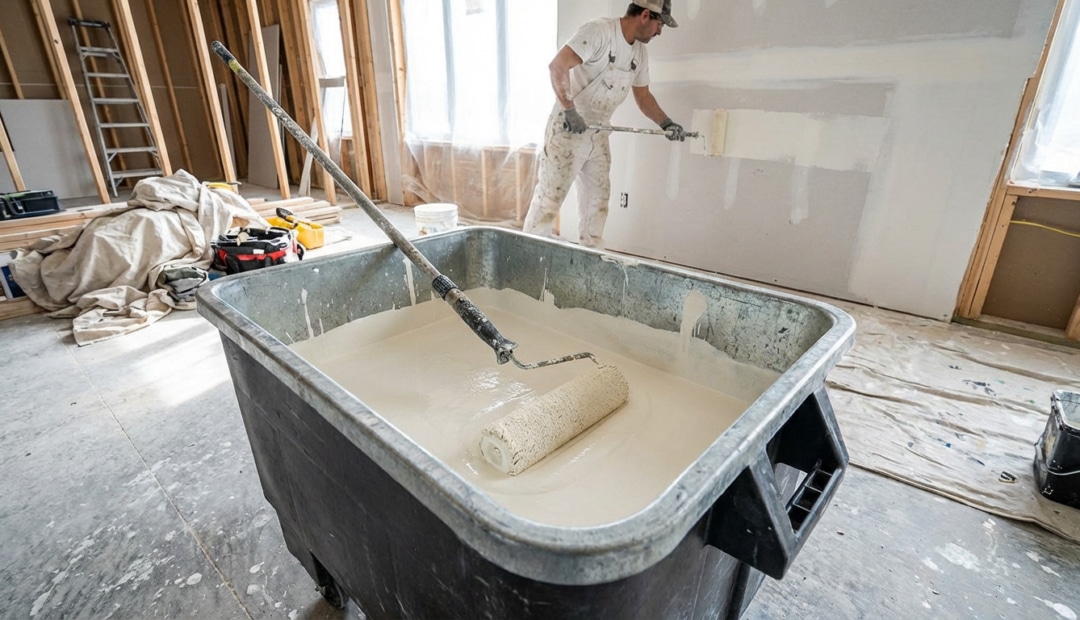 Industrial paint tub with white paint and roller, foreground. Blurred painter applies paint to drywall in background at a construction site.