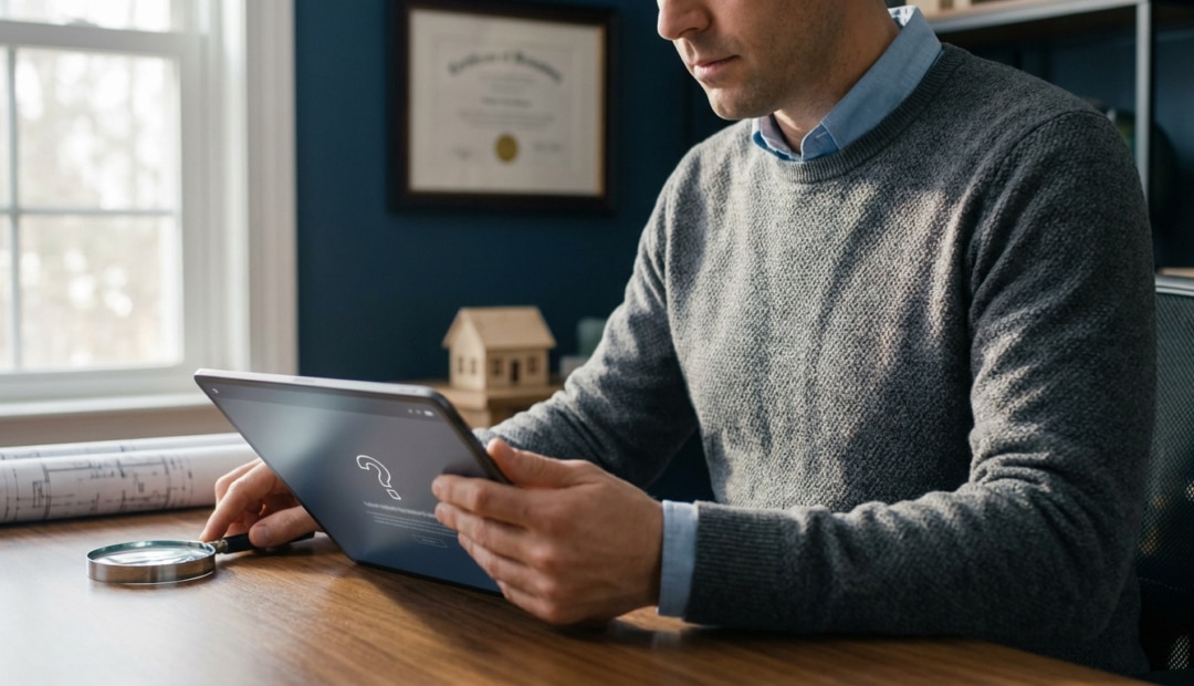 Man in grey sweater uses tablet showing a question mark. Desk has a magnifying glass, blueprints, and house model in a sunlit home office.