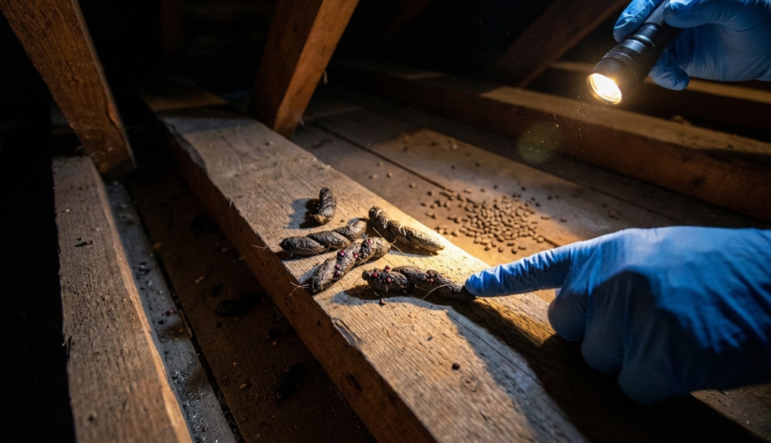 Gloved hand points at twisted stoat droppings on a dusty attic beam, illuminated by flashlight; small rodent droppings in background.