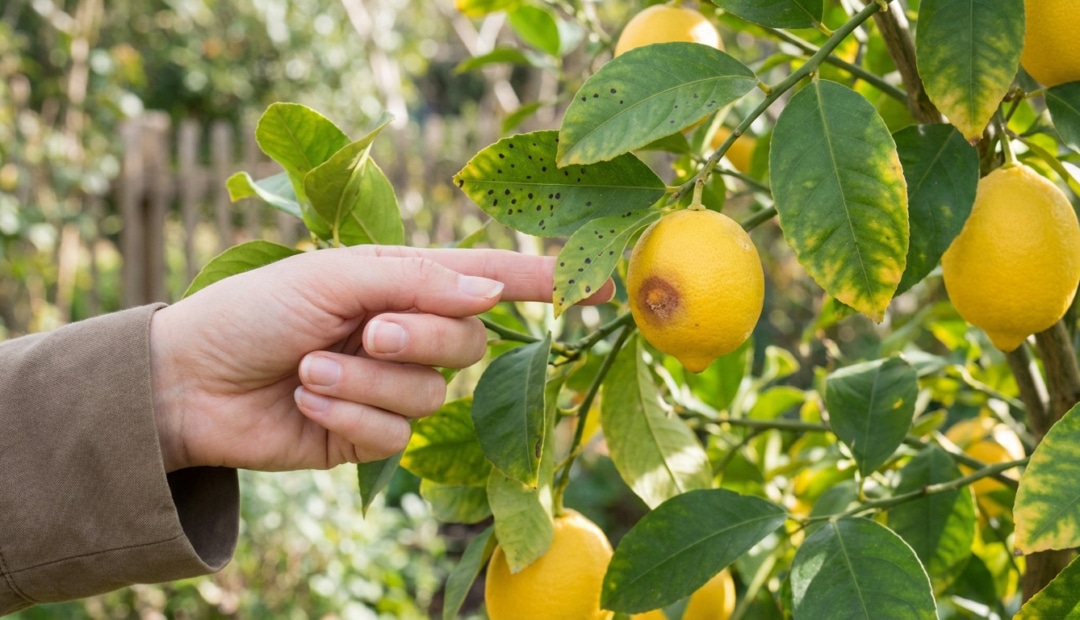 A hand points at a lemon tree branch with leaves showing black spots and yellowing, and a lemon with discoloration, indicating disease.