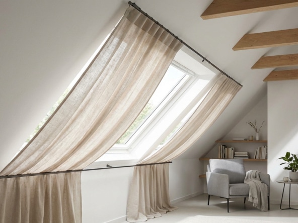 A modern, well-lit attic room with a large sloped window featuring custom beige linen curtains on sleek rods. A grey armchair and bookshelves are visible.