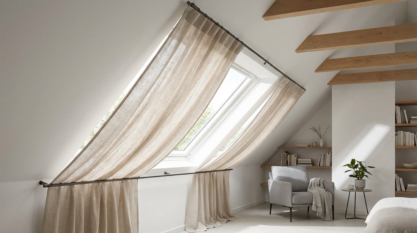 A modern, well-lit attic room with a large sloped window featuring custom beige linen curtains on sleek rods. A grey armchair and bookshelves are visible.