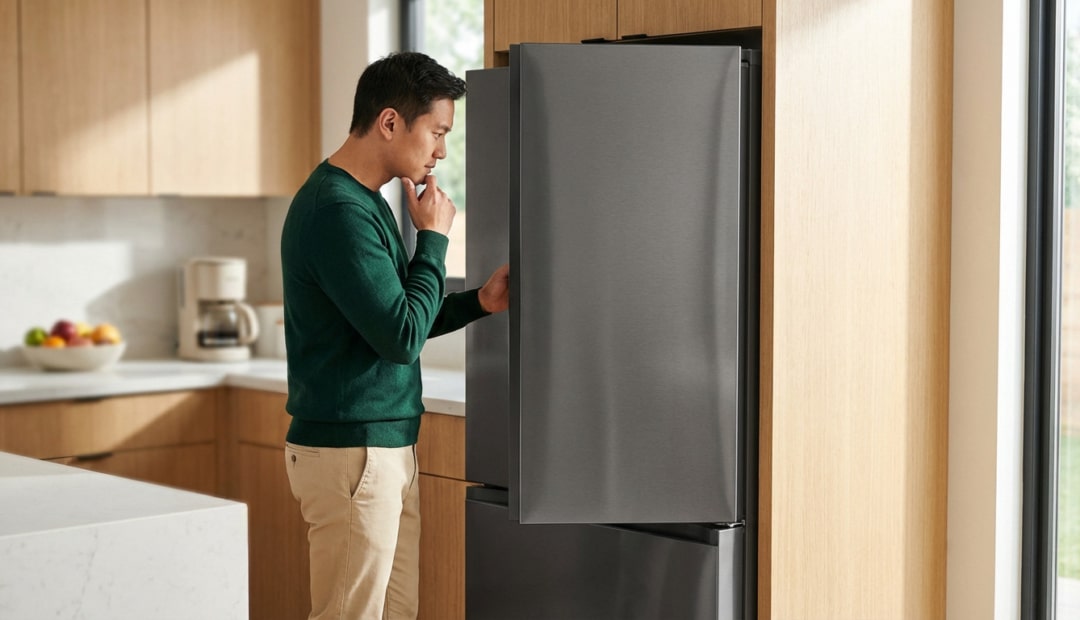 Man in green sweater thoughtfully inspects a dark, modern refrigerator in a bright, clean kitchen with wood cabinets.
