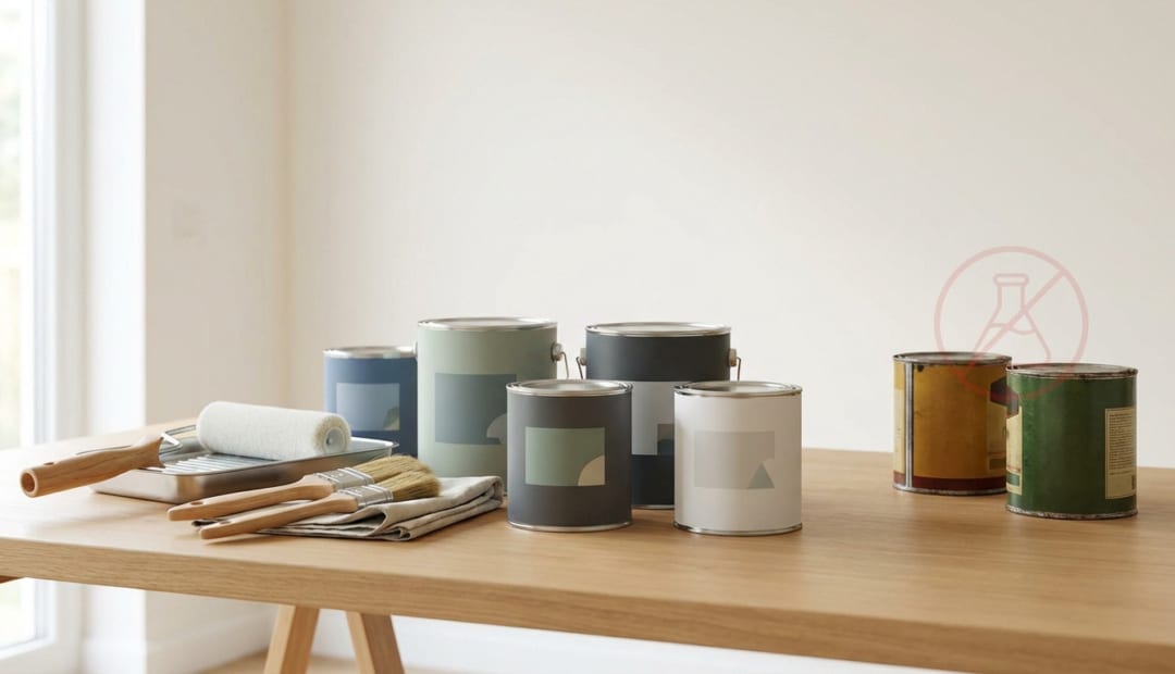 A wooden workbench displays modern paint cans in muted colors, traditional paint cans with a regulatory symbol, and painting tools.