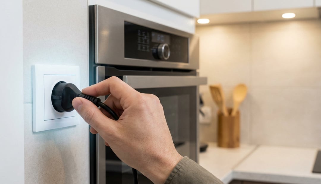A hand plugs a black oven power cord into a white wall socket in a modern kitchen, with a subtle blue glow. A stainless steel oven is blurred in the background.
