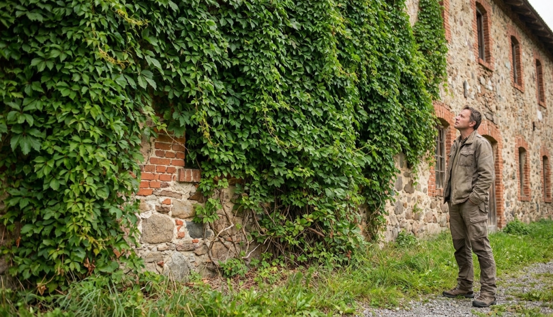 A man observes a stone and brick building facade heavily covered in vibrant green Virginia creeper, suggesting an overgrowth challenge.