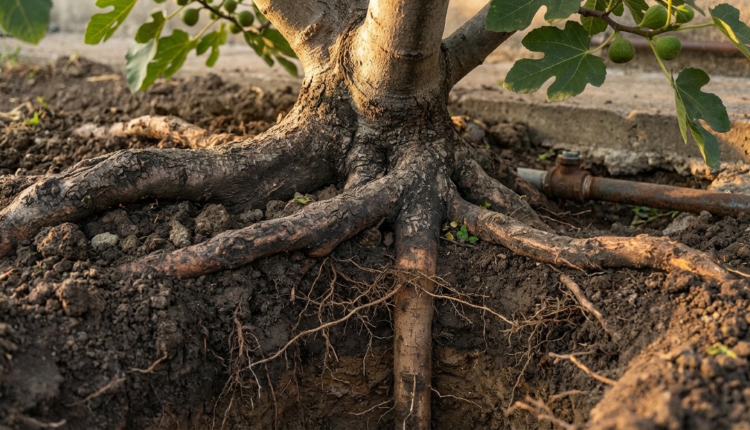 Close-up of a fig tree's powerful roots, with horizontal and deep taproots visible in rich soil, near a rusty pipe and concrete foundation under warm light.