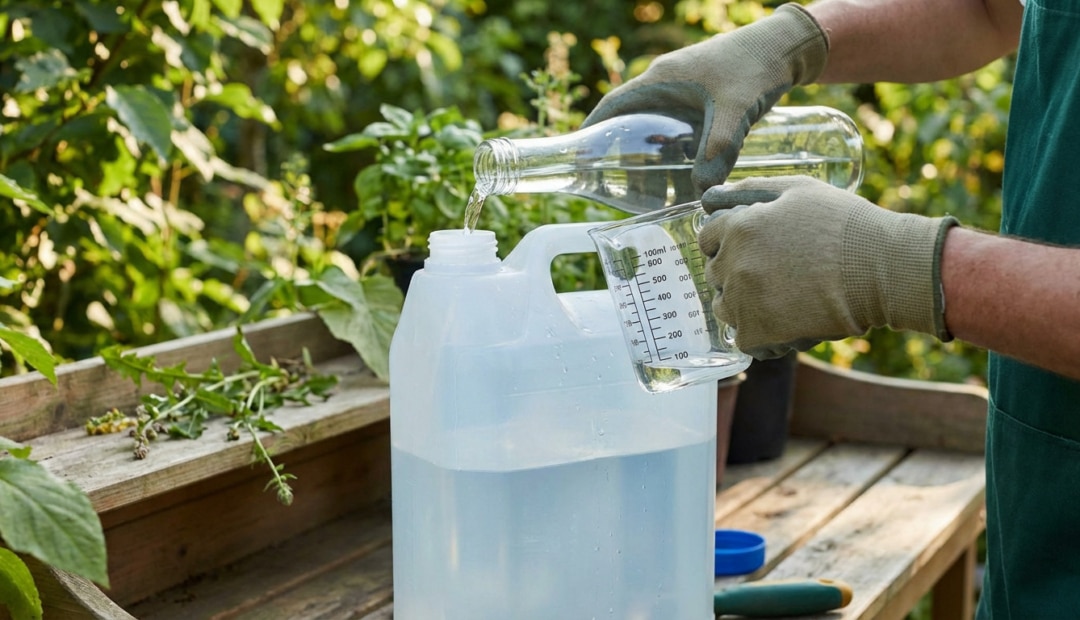 Gloved hands precisely measure clear liquid from a bottle into a marked cup, then into a large water container, in a bright garden.