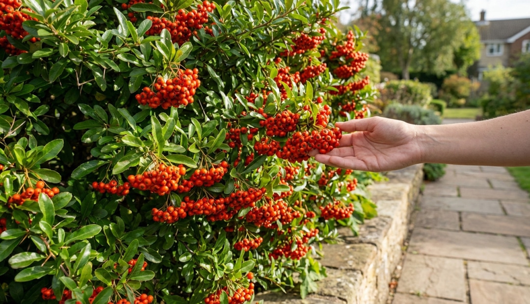 Hand touching bright red-orange pyracantha berries on a dense green hedge next to a stone wall and path in daylight.