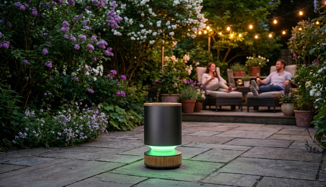 Sleek mosquito trap with green glow on a stone patio in a lush garden at dusk, with people relaxing in the background.
