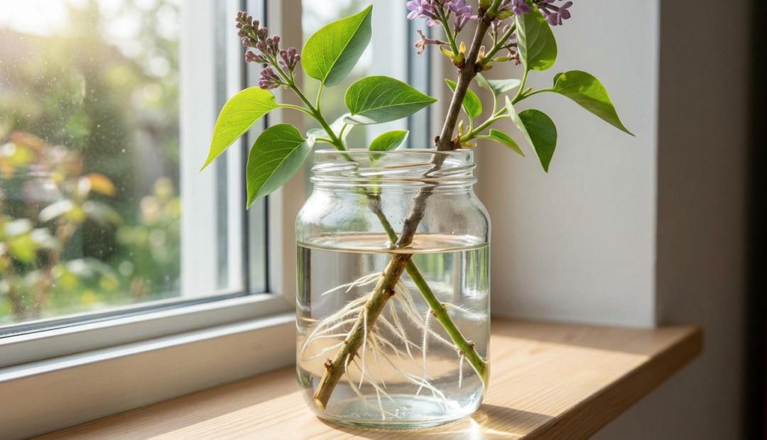 Vibrant lilac cuttings with delicate roots growing in a clear glass jar on a sunlit window ledge, showing successful propagation.