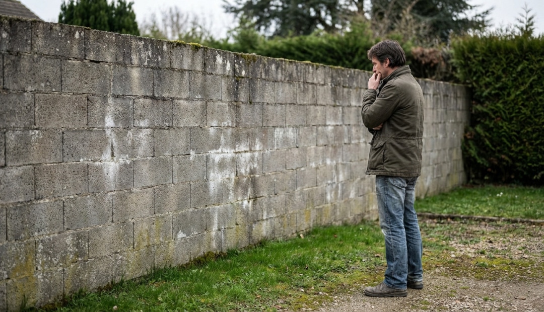 A man in practical attire stands thoughtfully before a raw, weathered concrete block wall, with green grass and blurred trees.