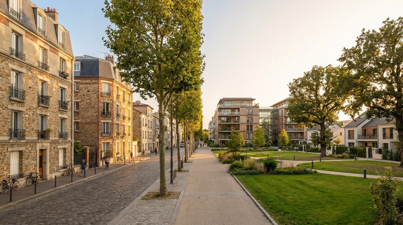 Street in Champigny-sur-Marne contrasting old stone residential buildings on left with modern apartments and green spaces on right, under warm afternoon light.