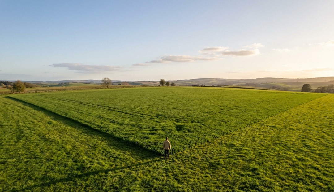 Aerial view of a person standing in a vast, lush green field under a clear blue sky with soft clouds. Warm late afternoon light.