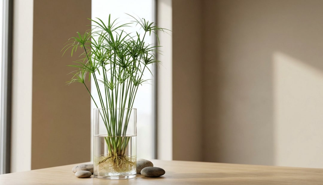 A vibrant papyrus plant in a clear glass vase, its healthy roots visible in water, sits on a wooden table with smooth stones. Soft light.