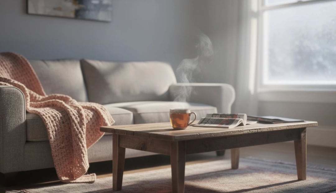 Salon cosy avec tasse fumante sur table