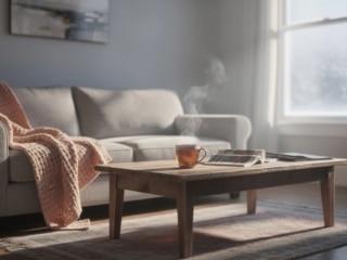 Salon cosy avec tasse fumante sur table