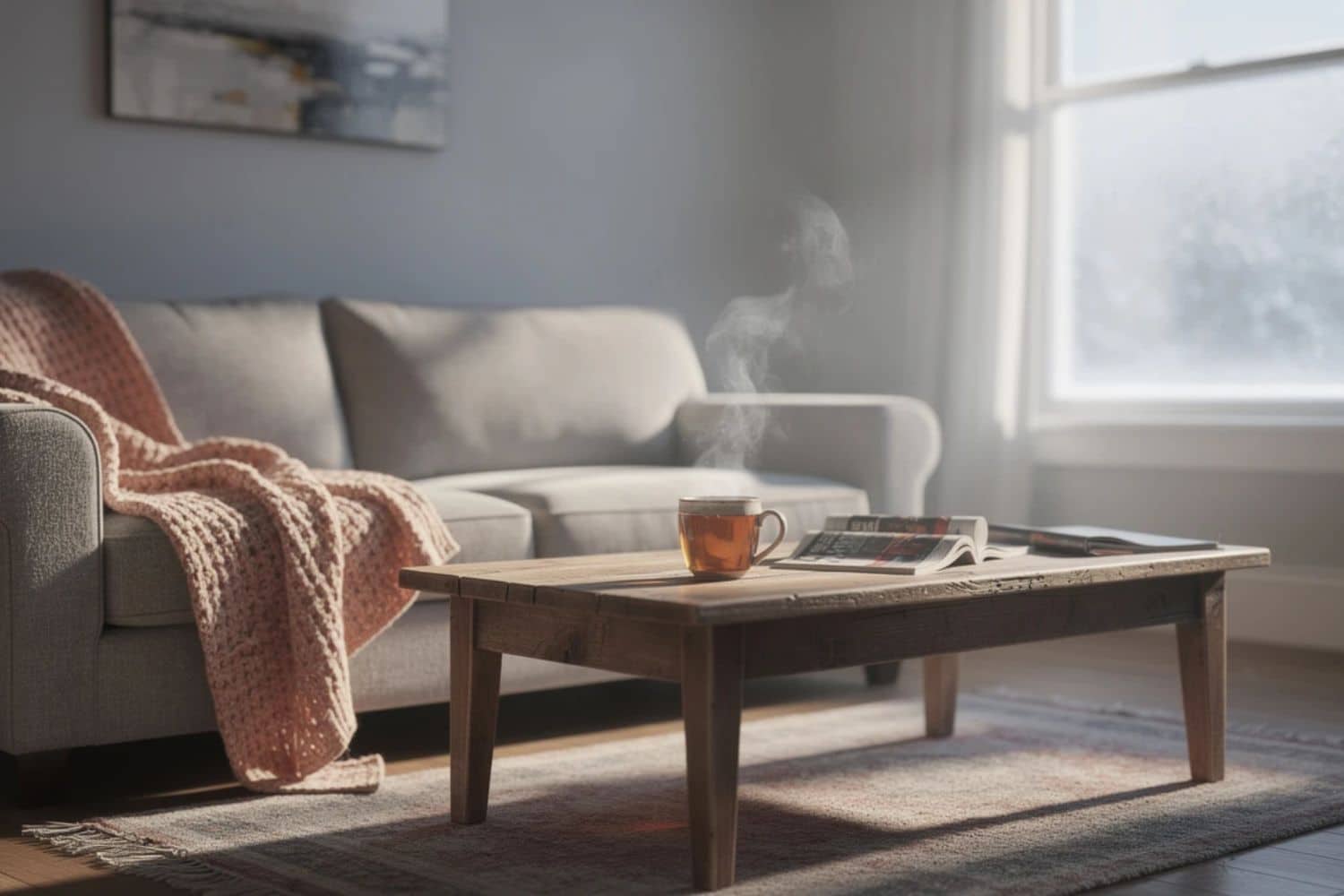 Salon cosy avec tasse fumante sur table