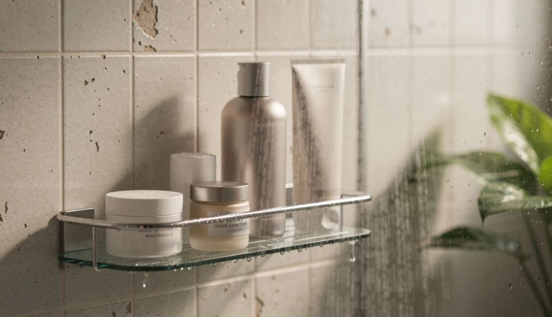 Étagère de douche avec produits de soin