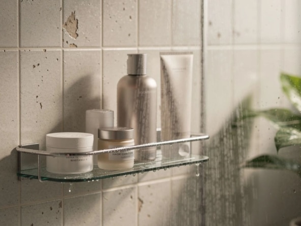 Étagère de douche avec produits de soin