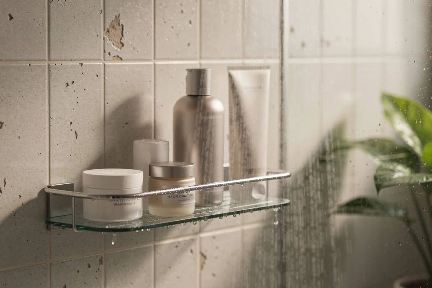 Étagère de douche avec produits de soin