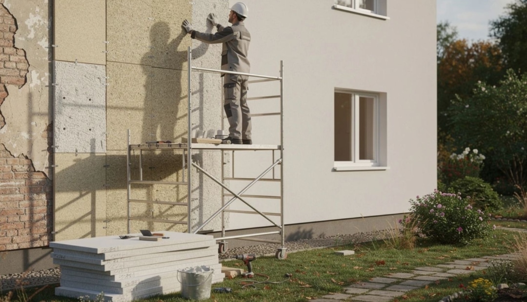 Ouvrier posant isolation extérieure sur façade maison