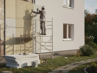 Ouvrier posant isolation extérieure sur façade maison