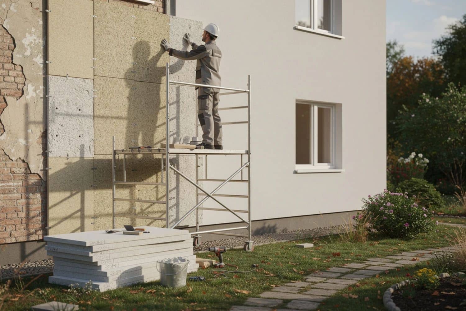 Ouvrier posant isolation extérieure sur façade maison