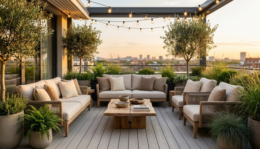 Salon de jardin moderne sur une terrasse en bois avec oliviers, guirlandes lumineuses et vue panoramique sur la ville.