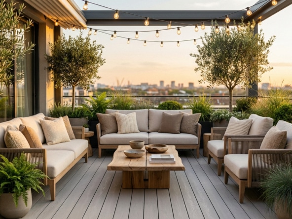 Salon de jardin moderne sur une terrasse en bois avec oliviers, guirlandes lumineuses et vue panoramique sur la ville.