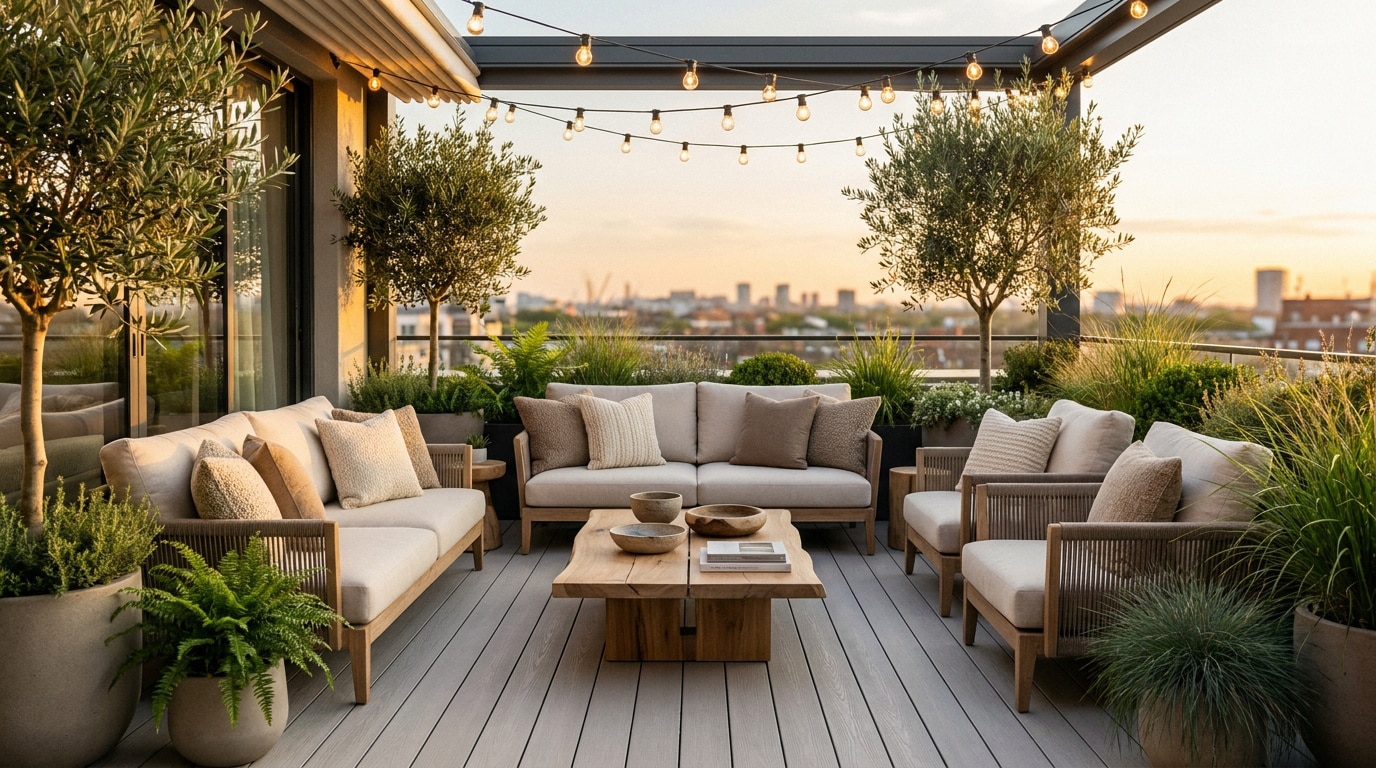 Salon de jardin moderne sur une terrasse en bois avec oliviers, guirlandes lumineuses et vue panoramique sur la ville.