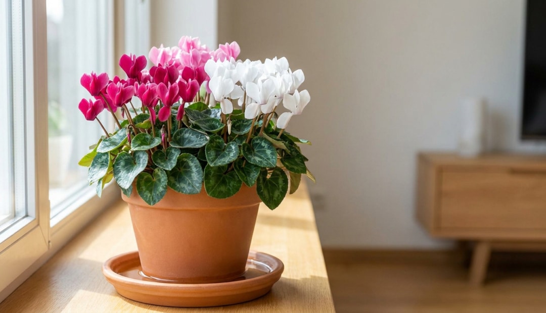 Un cyclamen avec des fleurs roses et blanches dans un pot en terre cuite sur un rebord de fenêtre.