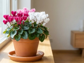 Un cyclamen avec des fleurs roses et blanches dans un pot en terre cuite sur un rebord de fenêtre.